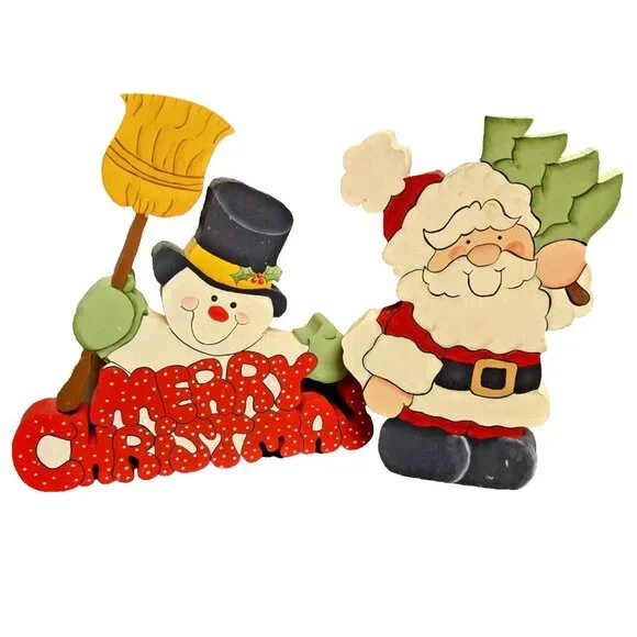 Vintage Hand Painted Wood Santa and Snowman Shelf Sitter Artist Signed Christmas - Picture 2 of 9